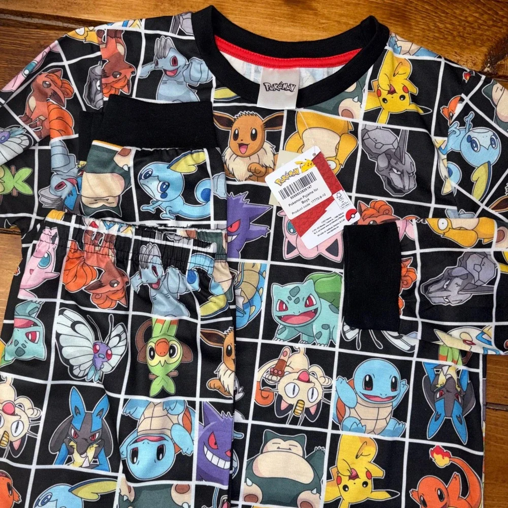 Pokemon Pajama Set Boys Size 9-10 Black All Over Print Pikachu Eevee AOP NEW